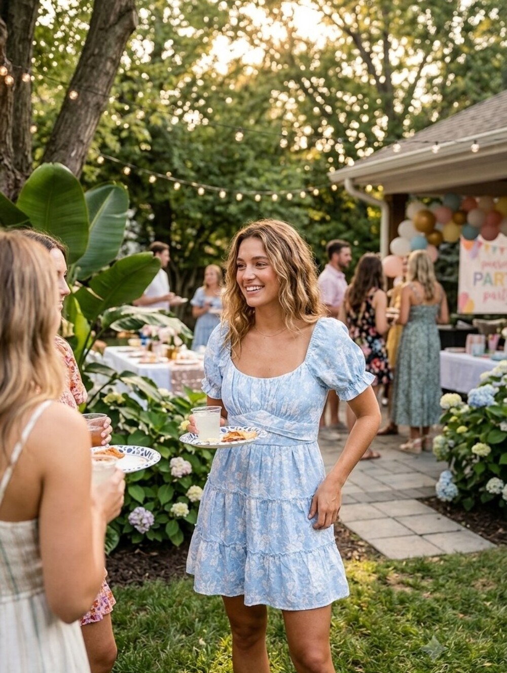Trixxi Blue Floral Puff Sleeve Tiered Mini Dress